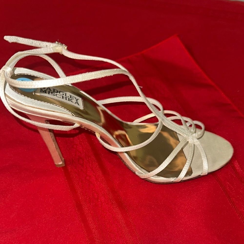 Badgley Mischka Cream Strappy Heels for Formal Elegance-Gold Heel-Size 10